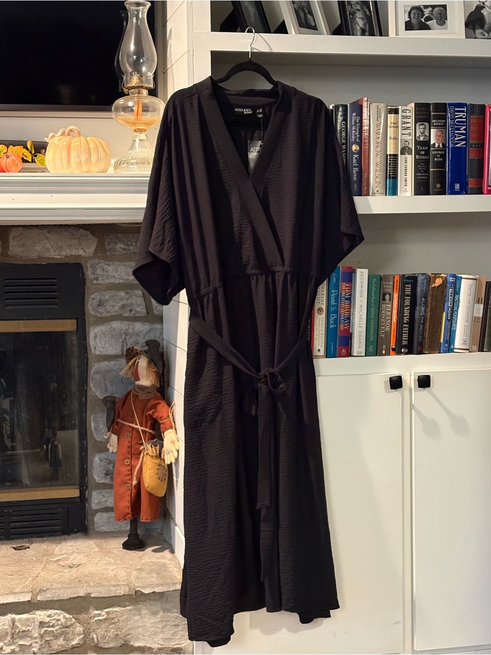 Attitudes by Renee Black Wrap Midi Dress with Tie Waist